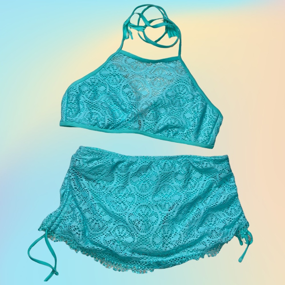 Teal Crochet Two Piece Halter Top Skirt Bottom Bikini Swim Suit Like New